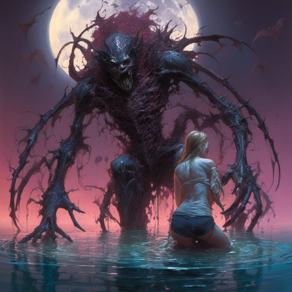 Vampire Emerges from Moonlit Lake: Hyperrealistic Splash Art