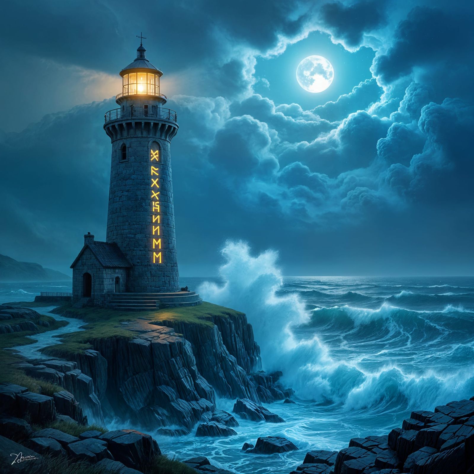 Lighthouse on Stormy Sea with Glowing Runes