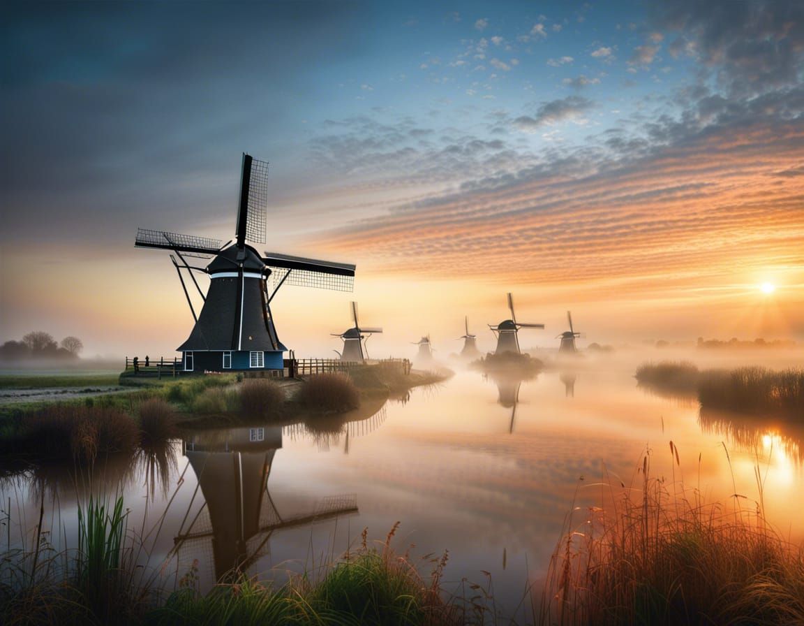 Misty Sunrise Over Classic Dutch Windmills