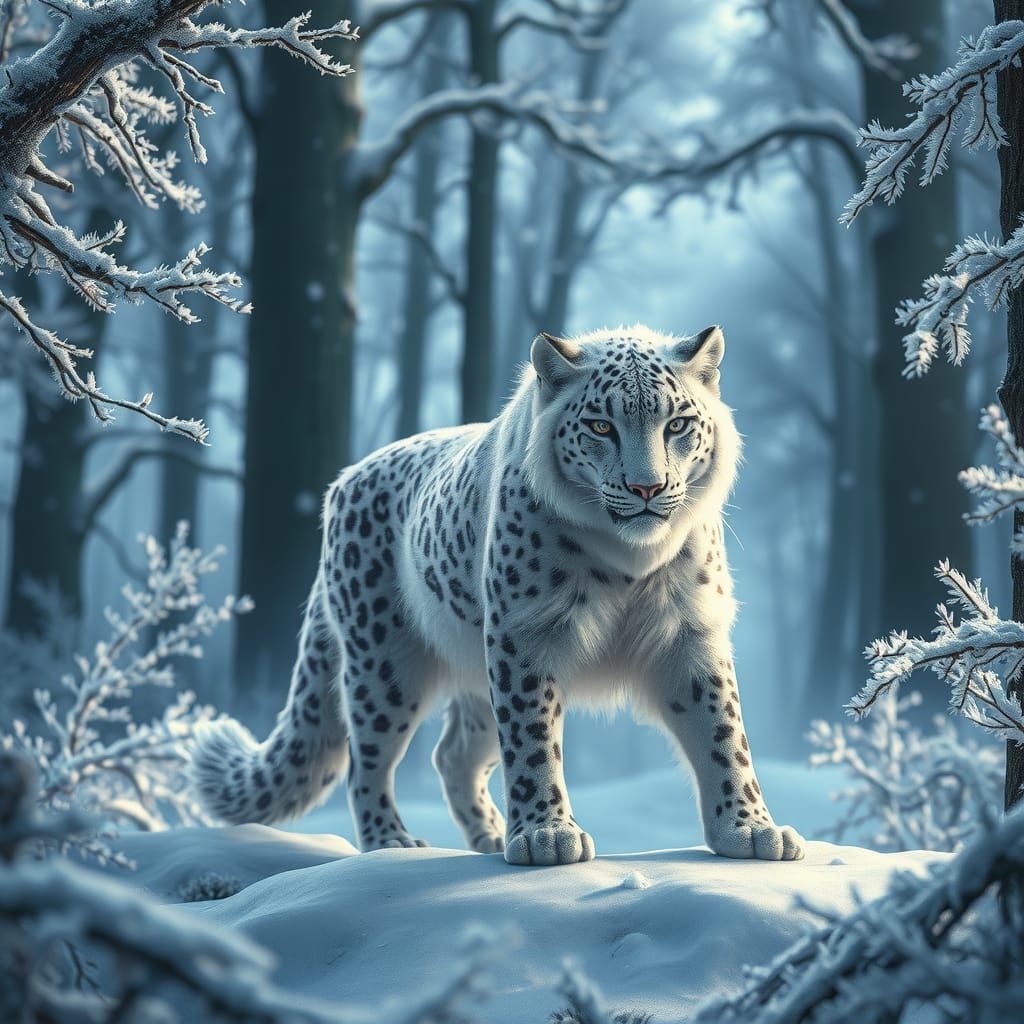 Mythical White Wolf Hybrid in Snowy Forest