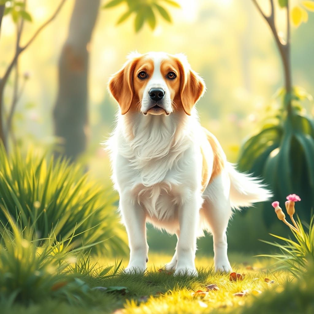 Whimsical White Beagle in Lush Landscape