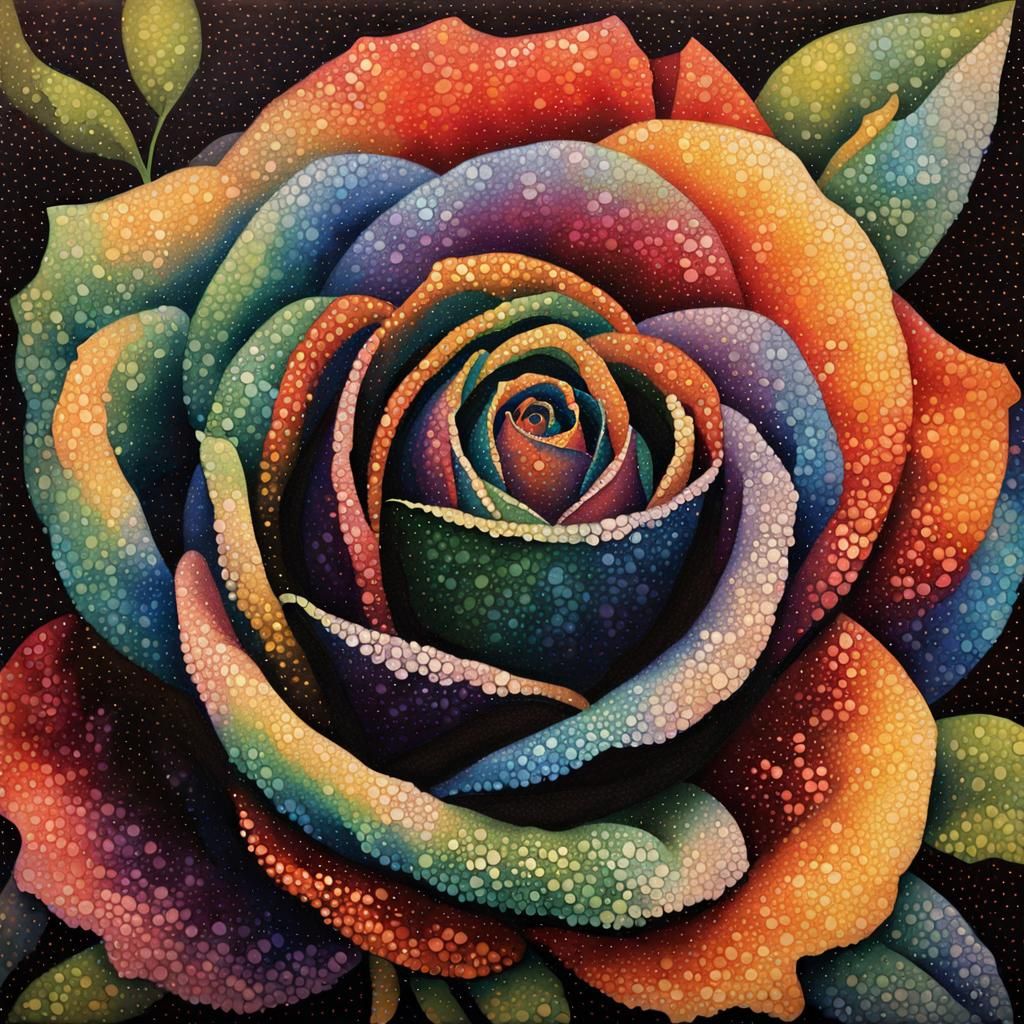 Rainbow Rose in Pointillist, Impressionist Style