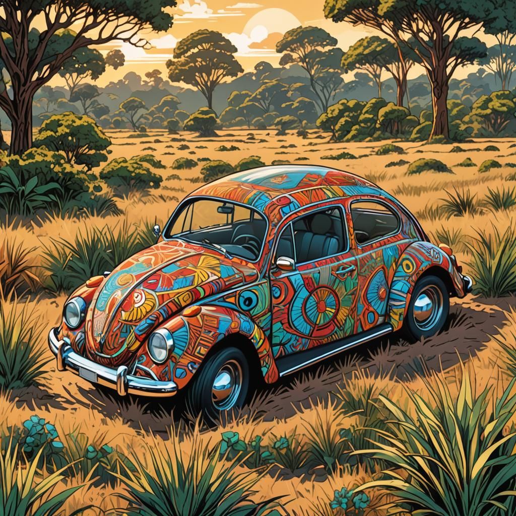 VW Beetle Wrapped in African Fabric: Comic Book Art