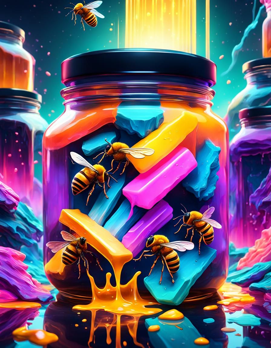 Neon Honey Jar in Digital Matte Painting Style
