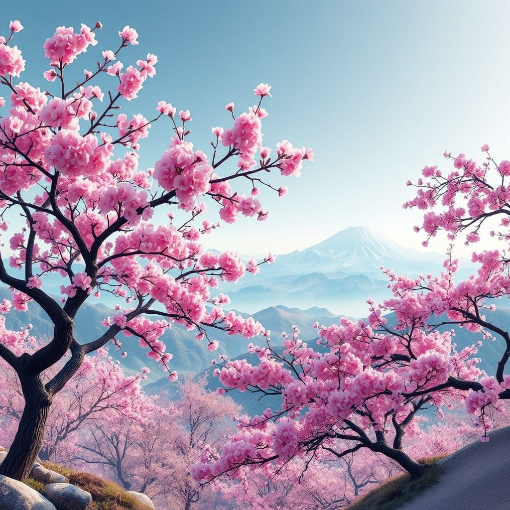 Vibrant Cherry Blossom Forests Amid Snowy Mountain Peaks