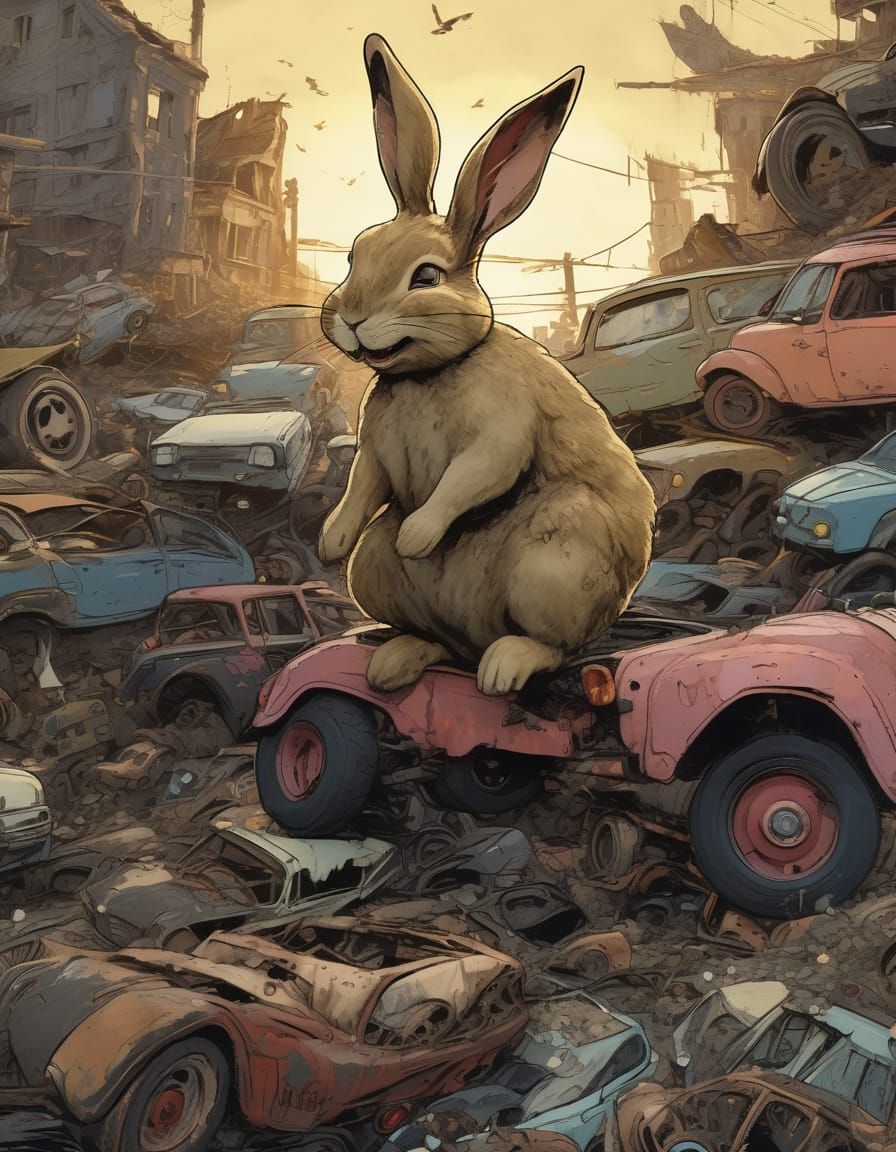 Surreal Bunny in Scrapyard, Rebecca Guay Style
