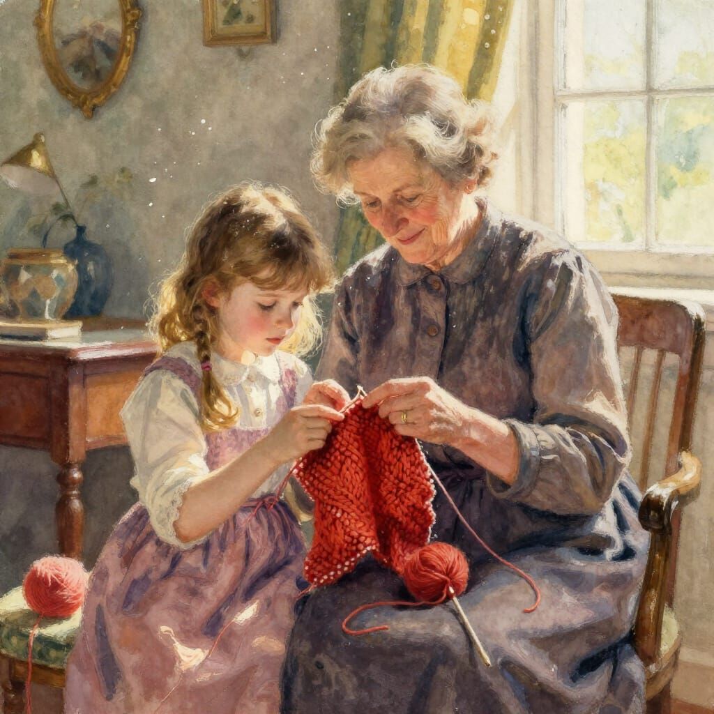 Grandmother Teaches Knitting in Warm Watercolor Style