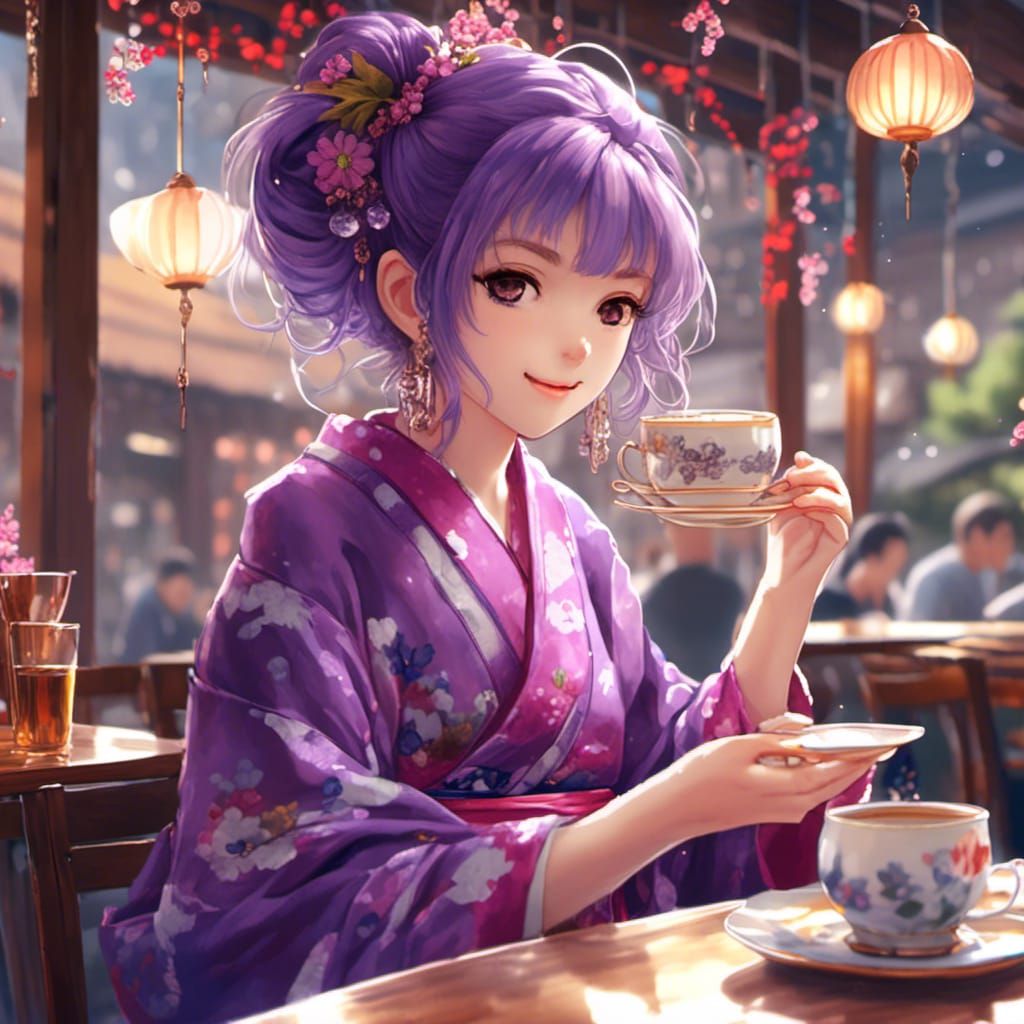 Anime Style: Beautiful Woman in Cafe with Tea