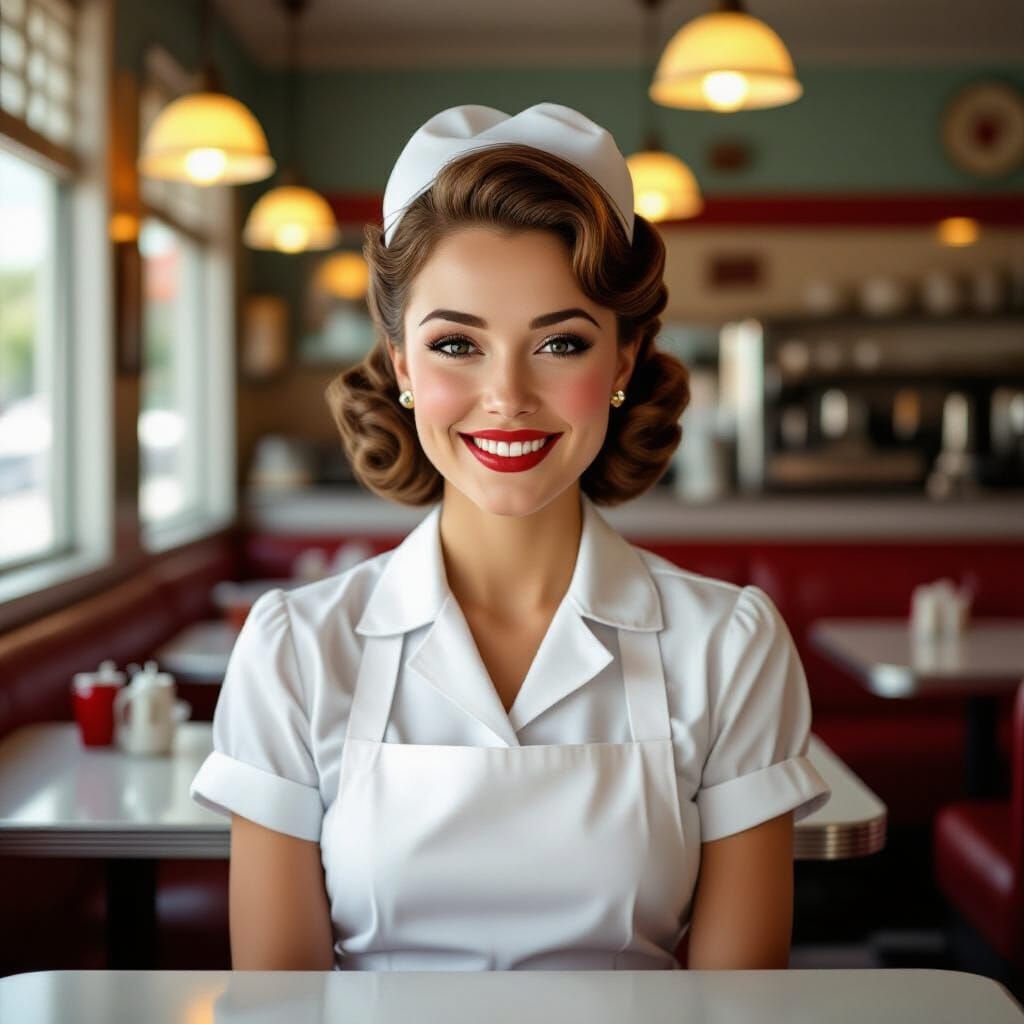 Hyperrealistic Waitress in a Retro Diner