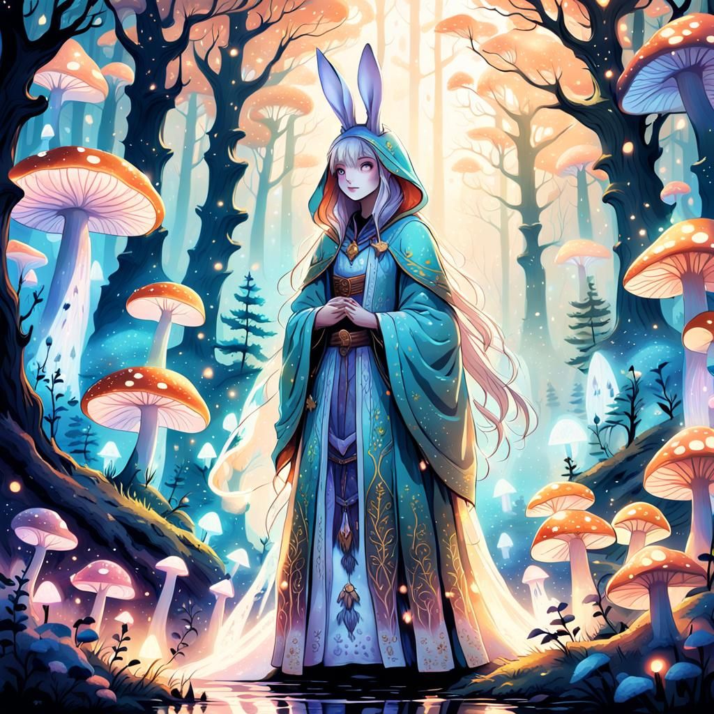 Whimsical Bunny Priestess in Misty Forest