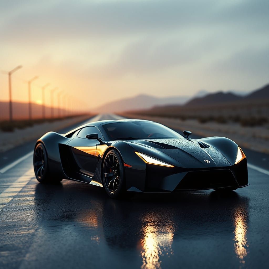 Sleek Concept Car Emerge from Rainy Night
