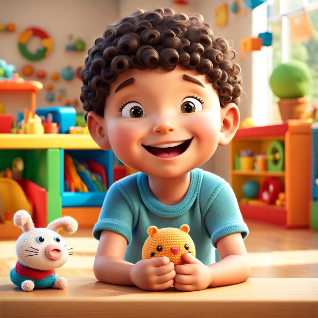 Kindergartener with Crochet Puppet: 3D CGI Rendering