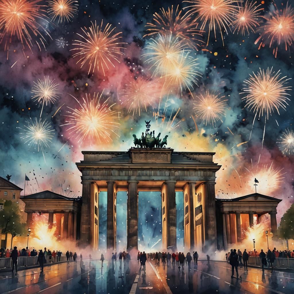 Brandenburg Gate Fireworks in Watercolor Style