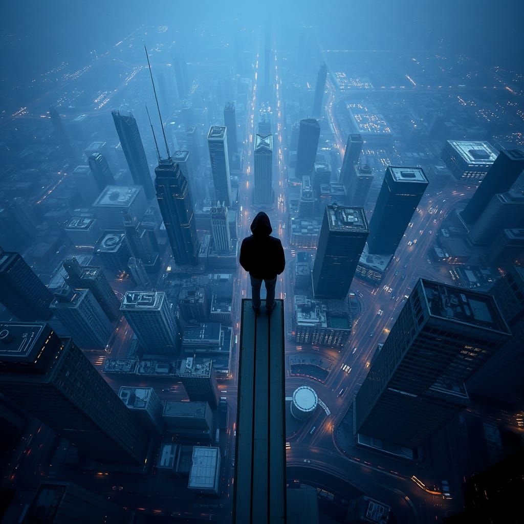Figure on Skyscraper Edge in Cinematic Style