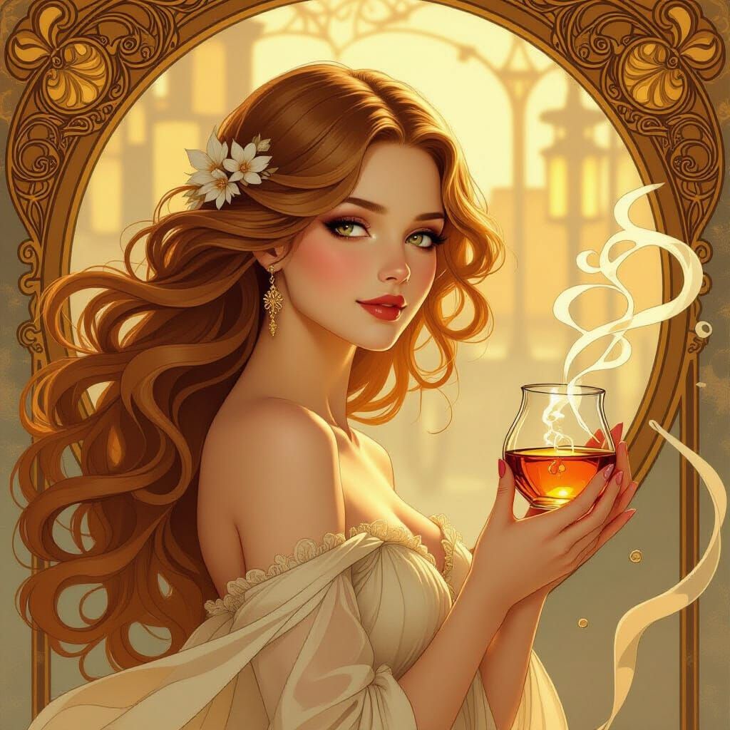 Whisky Spirit: Ethereal Female in Amber and Gold