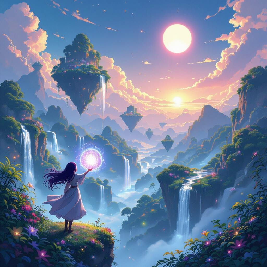 Anime Landscape With Sorceress and Dual Suns