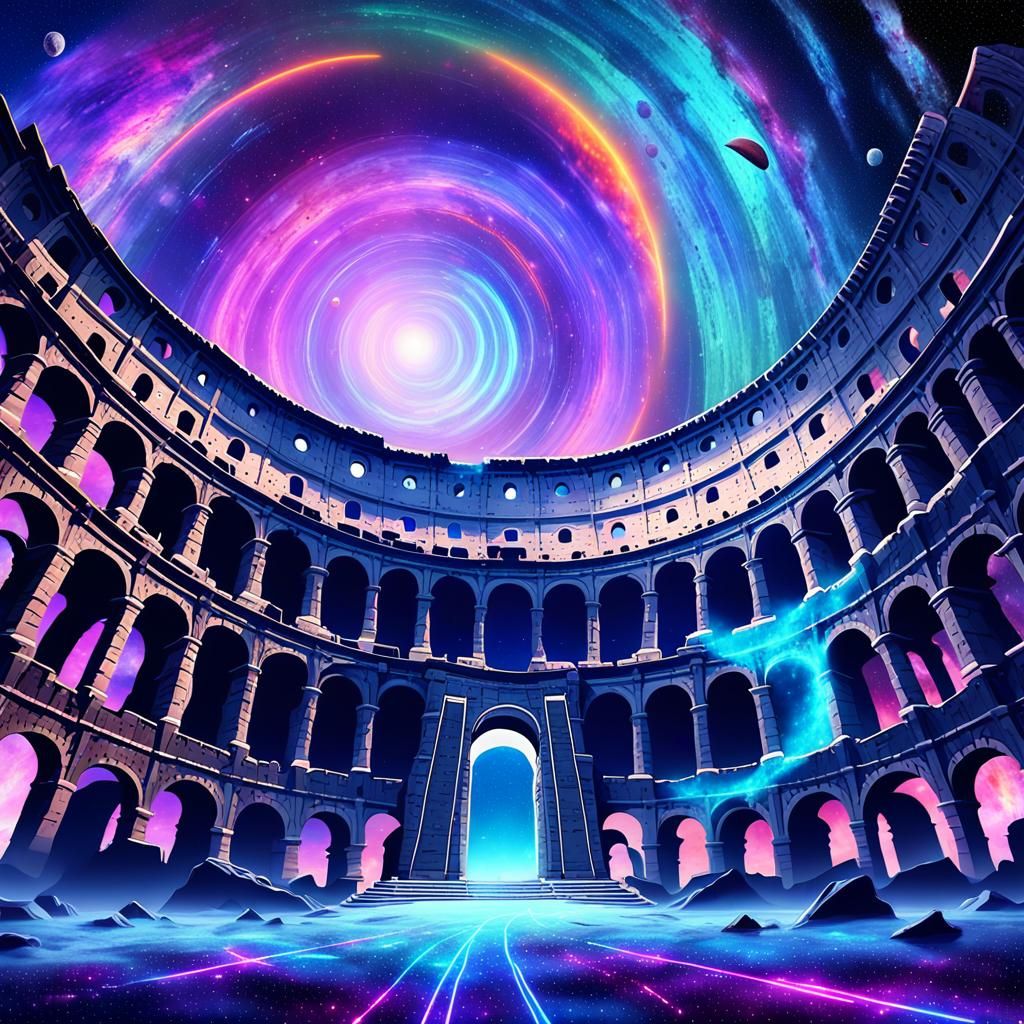 Colosseum Floating in Cosmic Starry Night Sky
