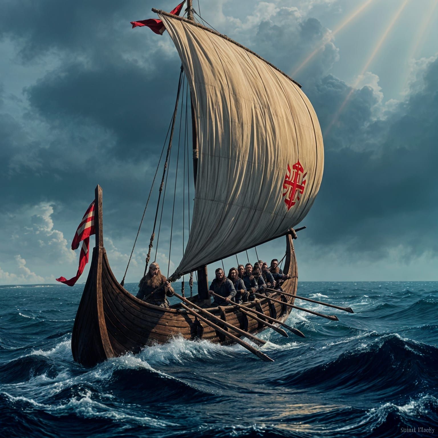 Viking Longship Sailing Through Stormy Seas