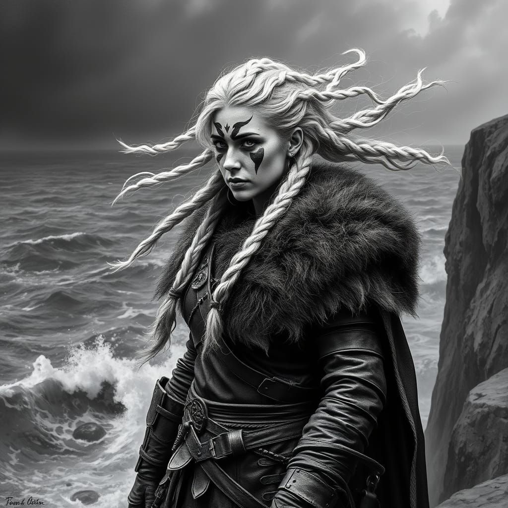 Viking Warrior Woman on Windswept Cliff in Photorealistic St...