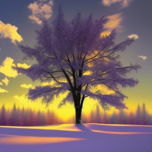Purple Tree in Snowy Forest at Sunset