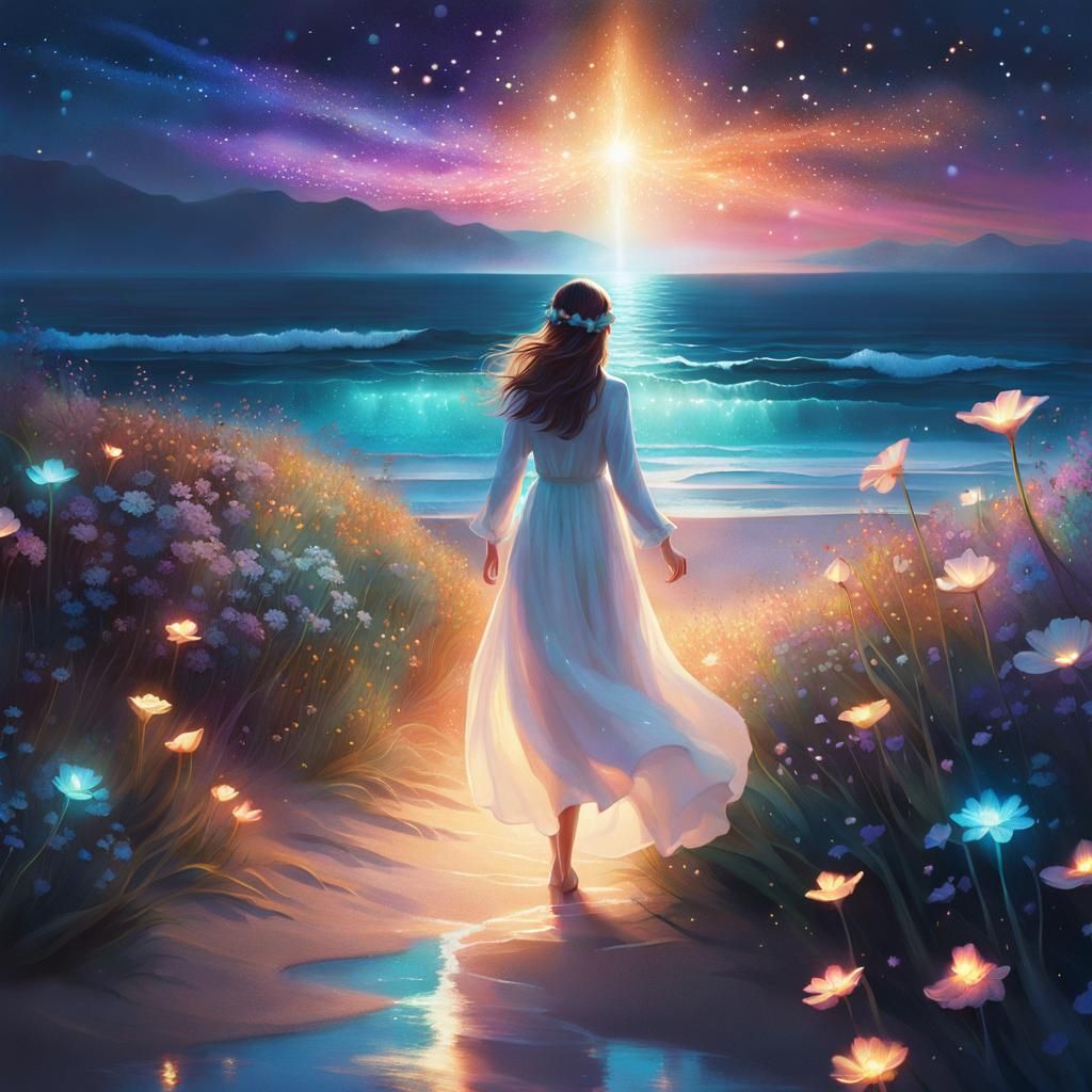 Girl Steps into Sea with Glowing Floral Trail
