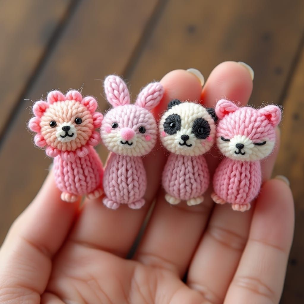 Tiny Knitted Animals on Fingers: 3D Render