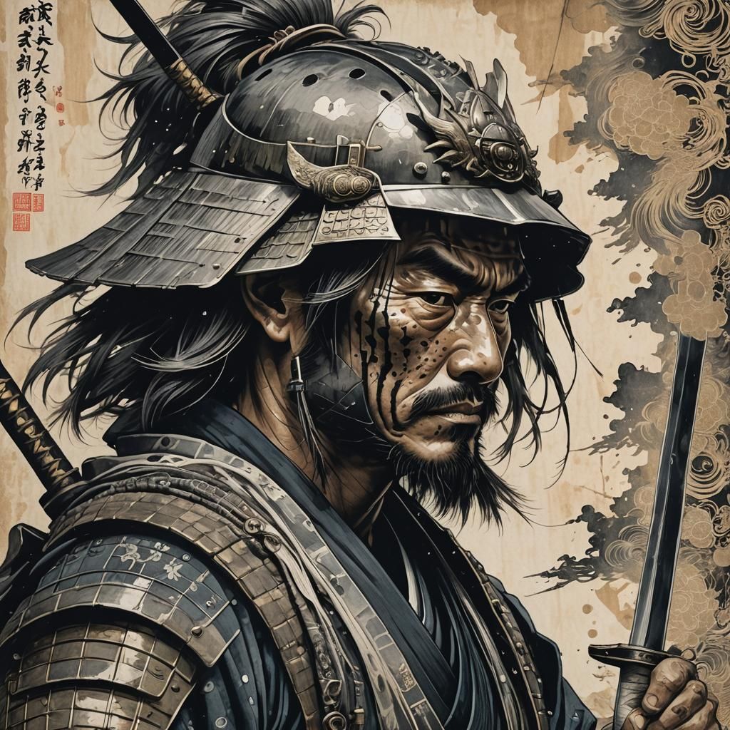 Grim Samurai Reflection in Detailed Dot Art