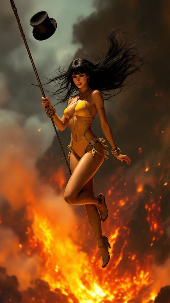 Female Trapeze Artist Balances Over Volcano in Concept Art S...