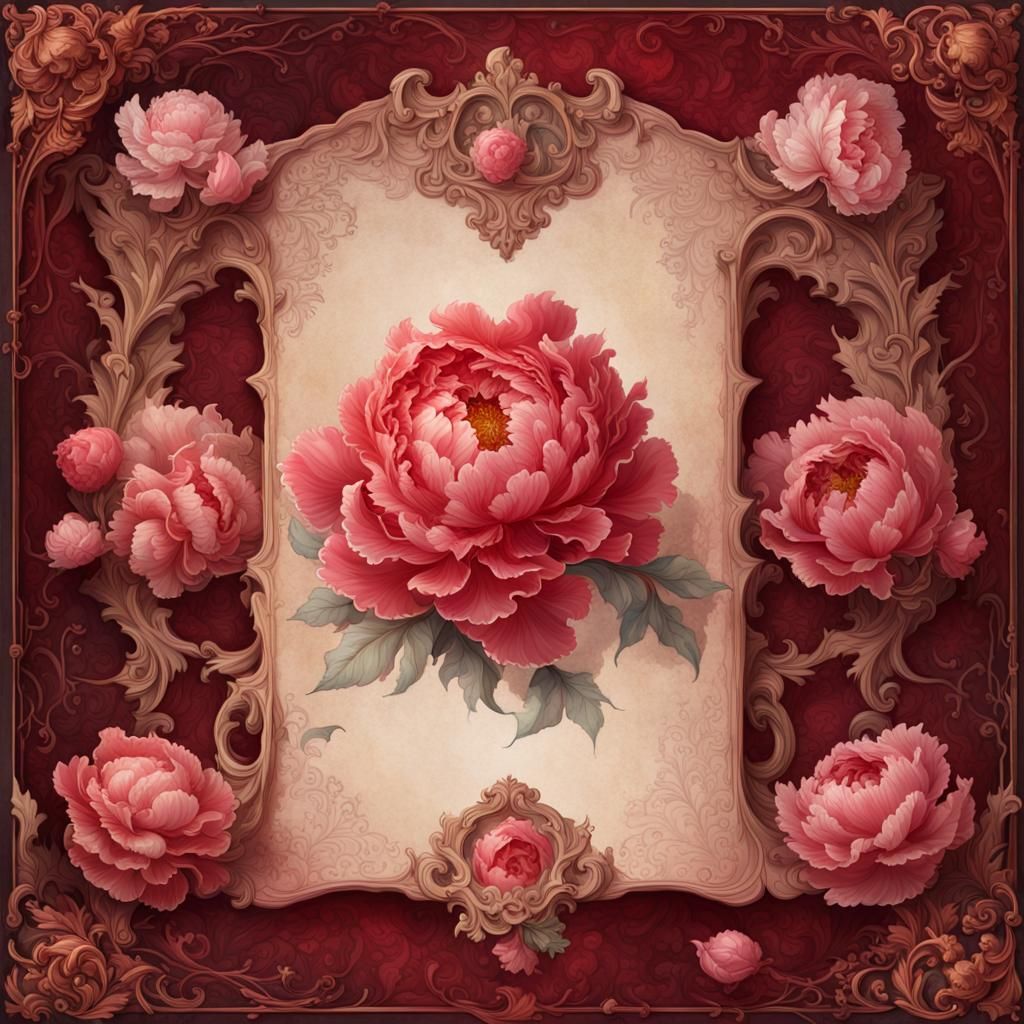 Vintage Watercolor Peonies with Rococo Frame