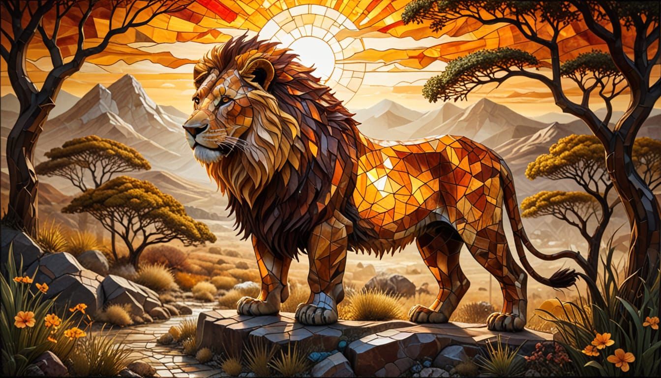 Glass Lion in Amber African Landscape