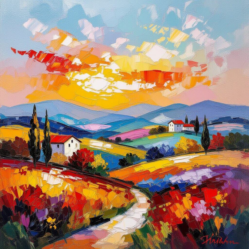 Vast Neo-Impressionist Landscape Mural with Textured Paint