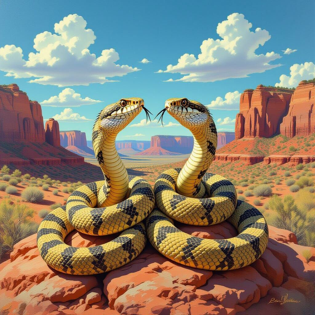 Rattlesnakes Rattling on Desert Rock, Wildlife Art