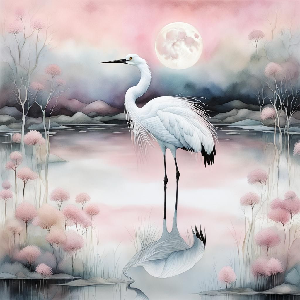Ethereal White Crane in Moonlit Landscape, Alcohol Ink