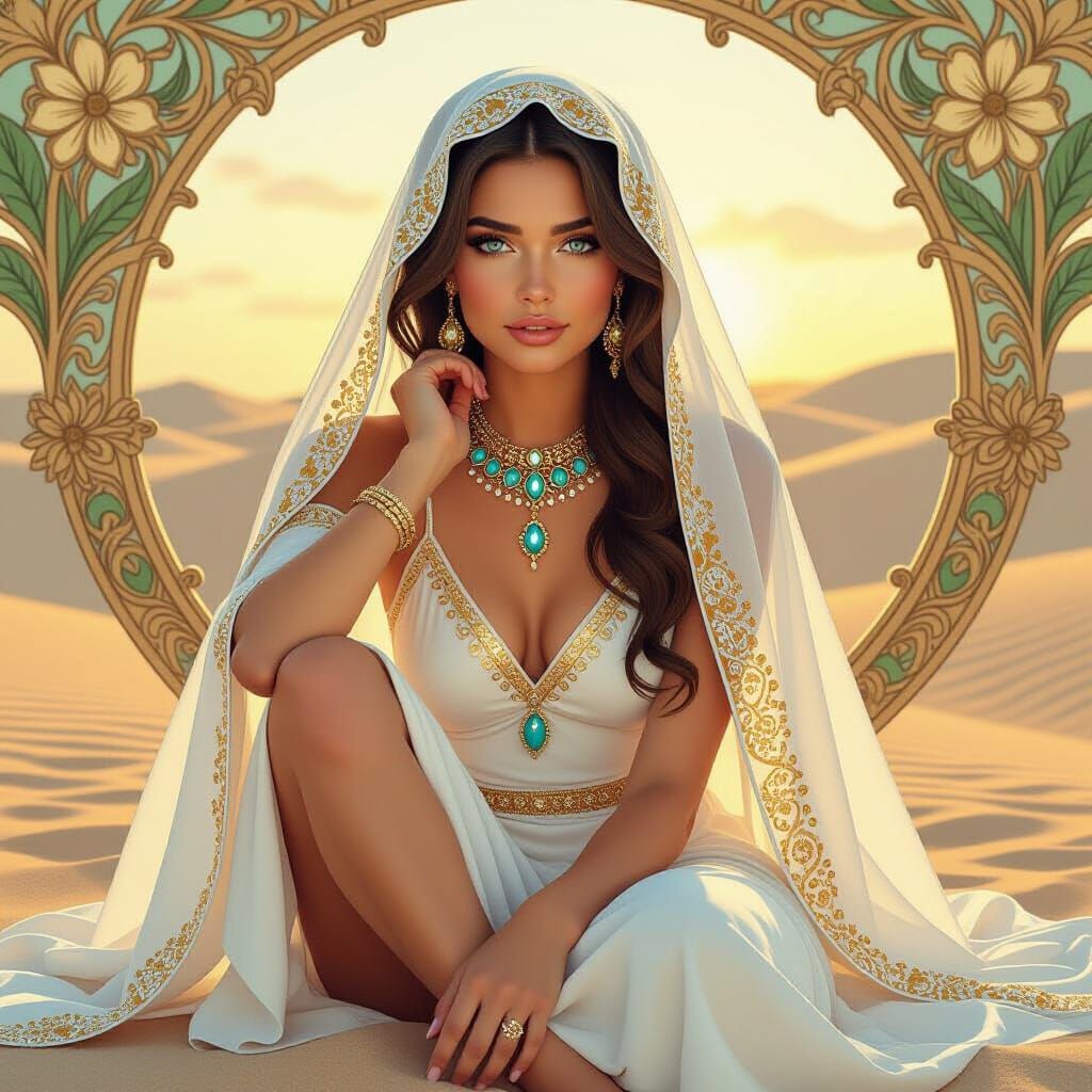 Veiled Woman in Flowery Art Nouveau Style