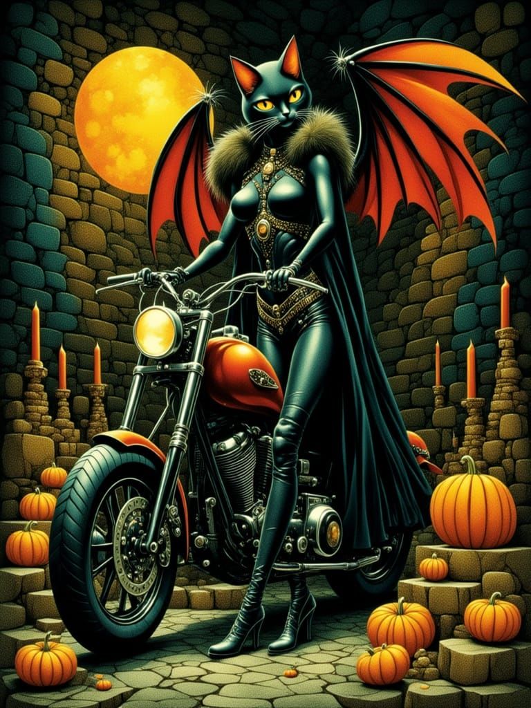 Vampire Cat with Dragon Wings and Motorcycle