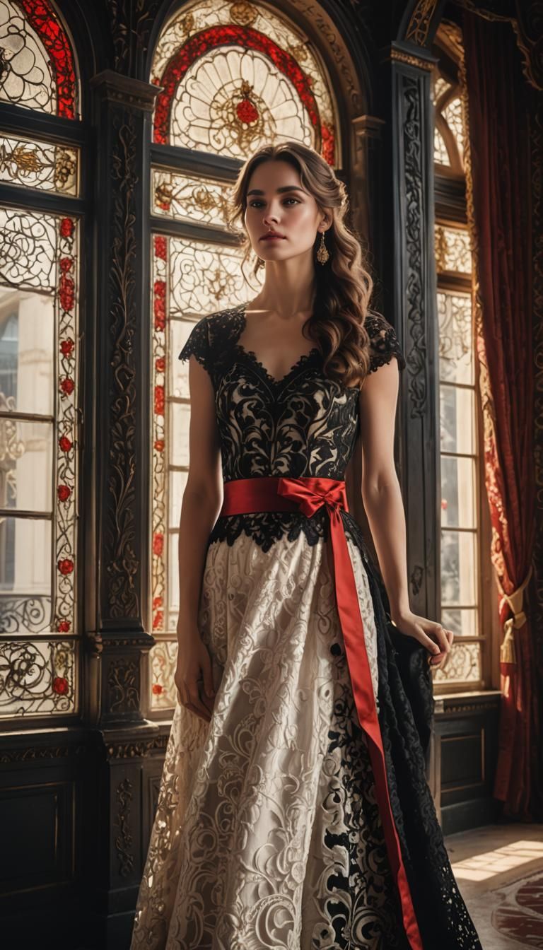 Elegant Woman in Lace Dress by Opulent Window