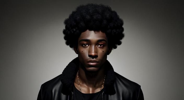 "black skin boy with curly hair and all black eyes"