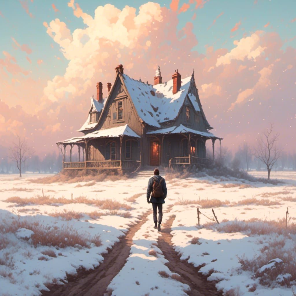 Man Walks Through Snowy Field to House