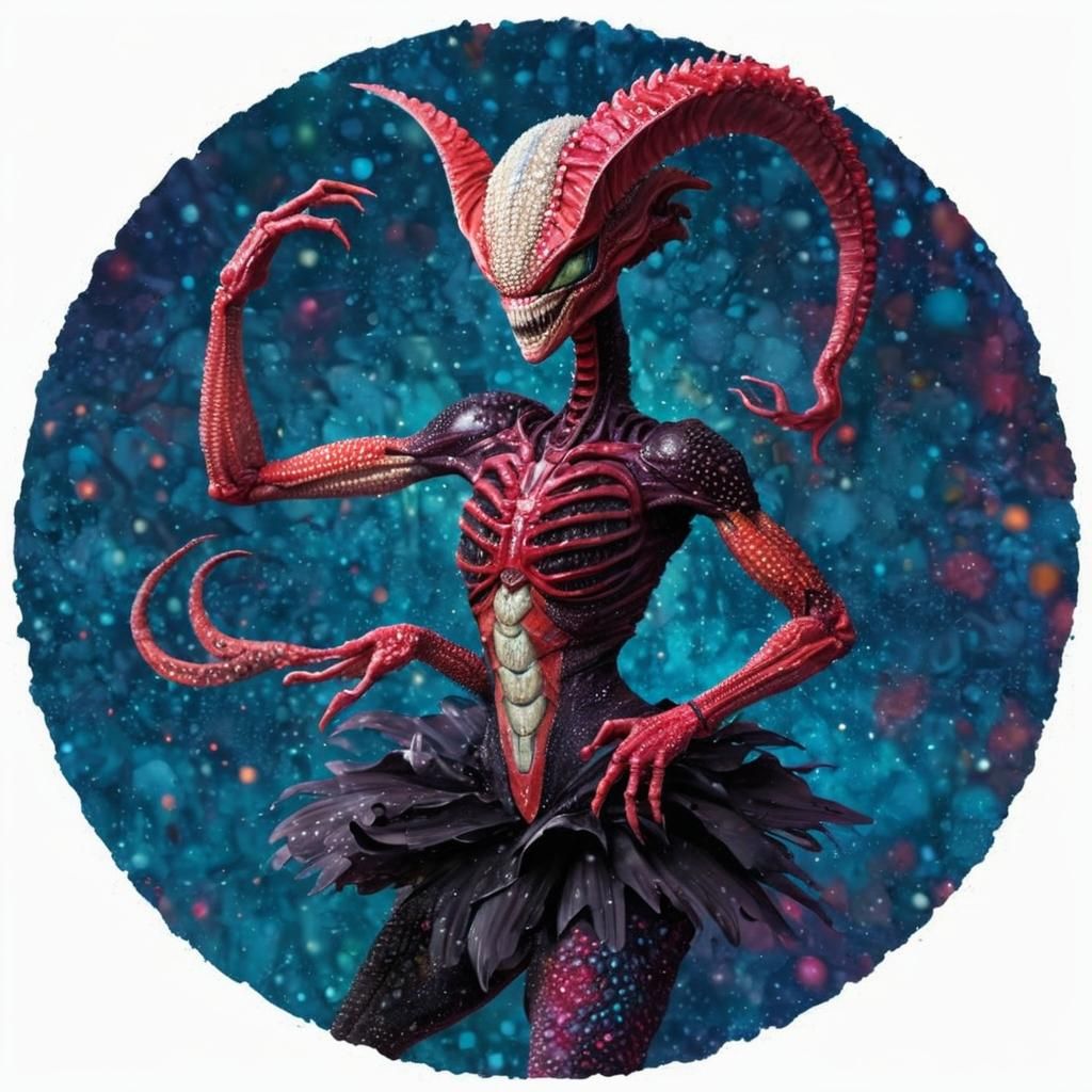 Pointillist Xenomorph Ballerina in Vibrant Colors