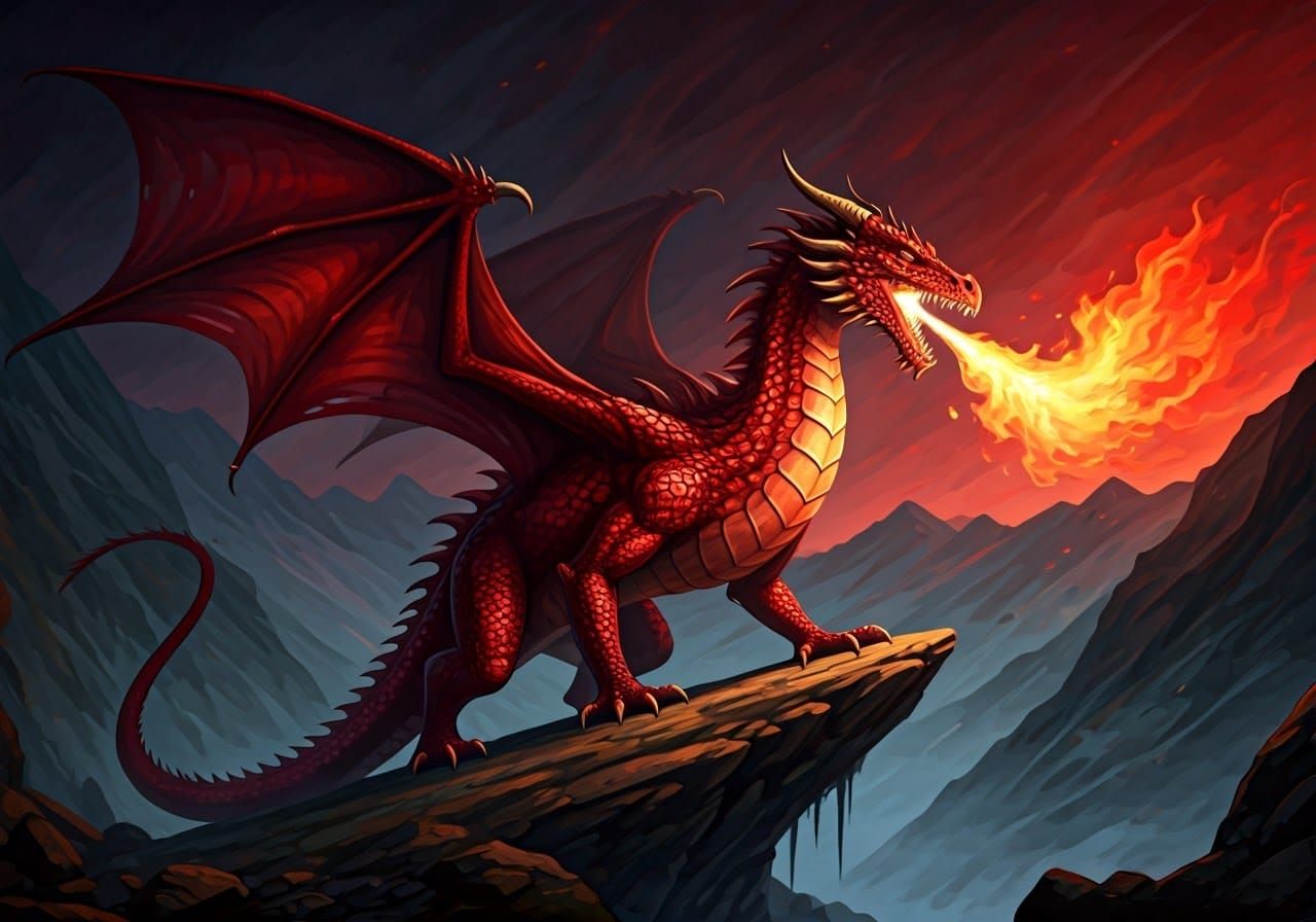 Mighty Red Dragon in Fantasy Art Style