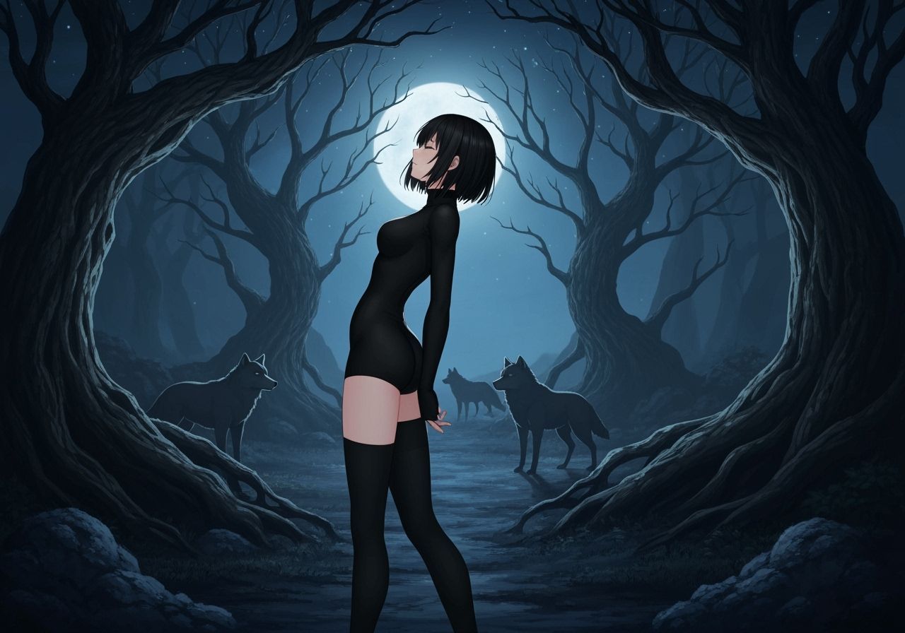 Anime Woman Sleeping in Dark Forest Under Moonlight