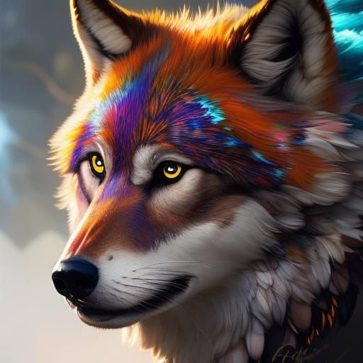 Majestic Colorful Wolf Portrait with Floating Keys