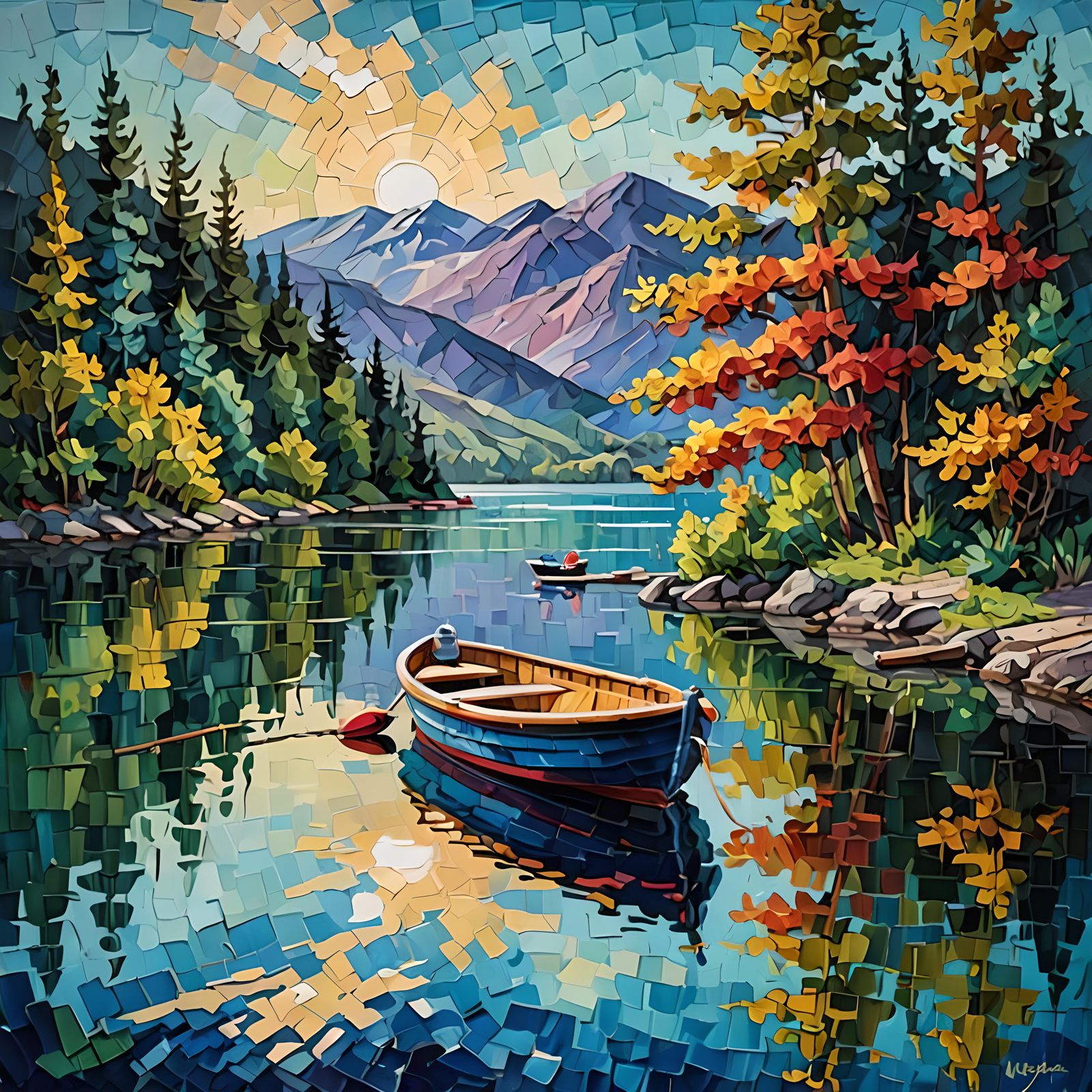 Lake Boat in Impasto Style Oil Painting