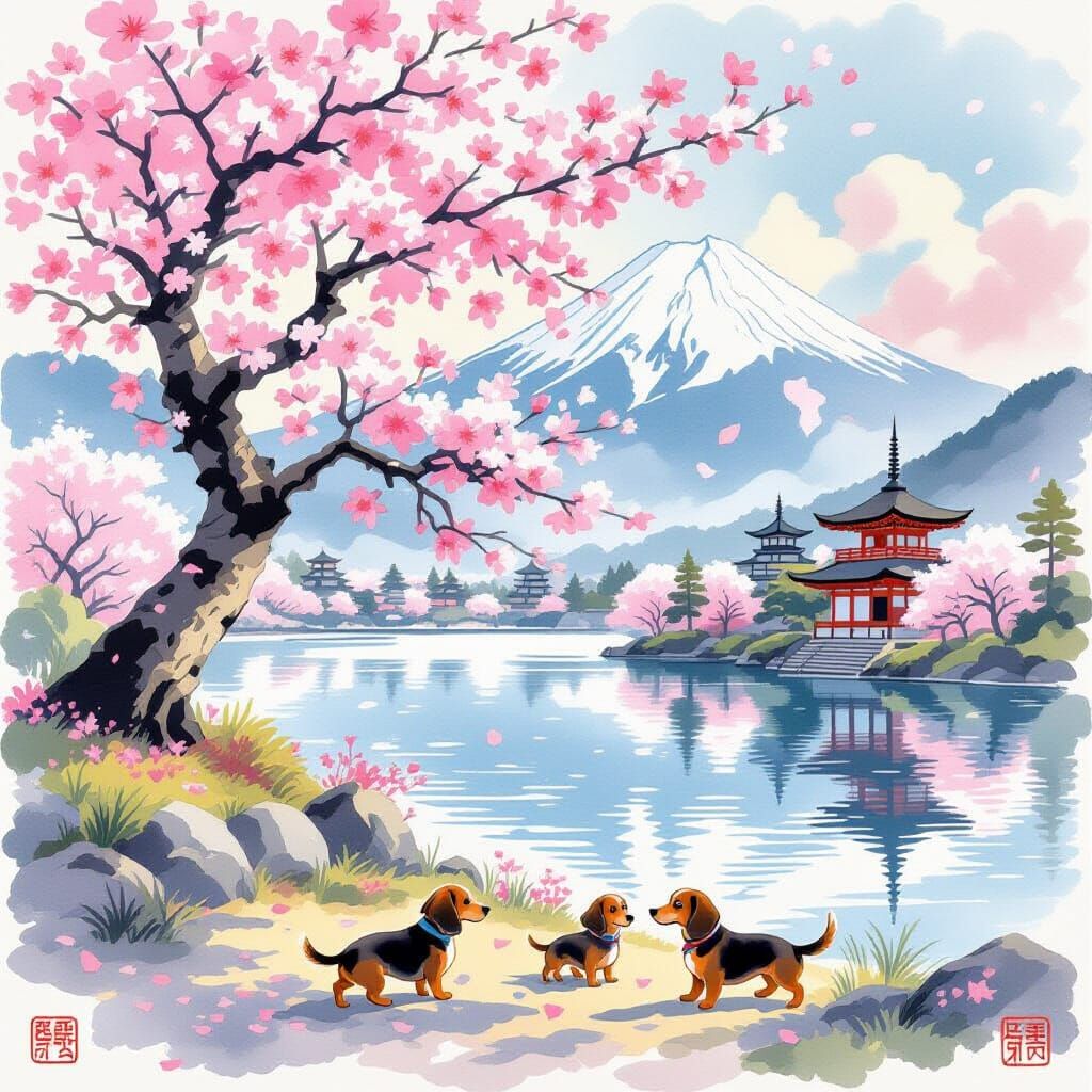 Sakura Tree with Dachshunds in Japanese Watercolor Style