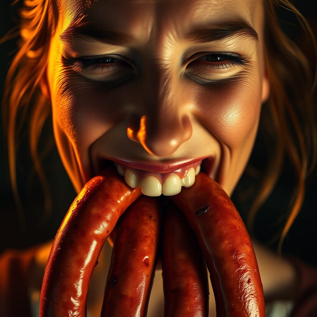 Woman with Mouth Full of Frankfurters