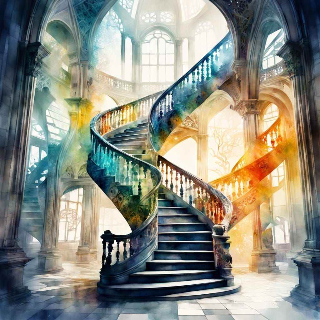 Surreal Staircase in Watercolor Double Exposure