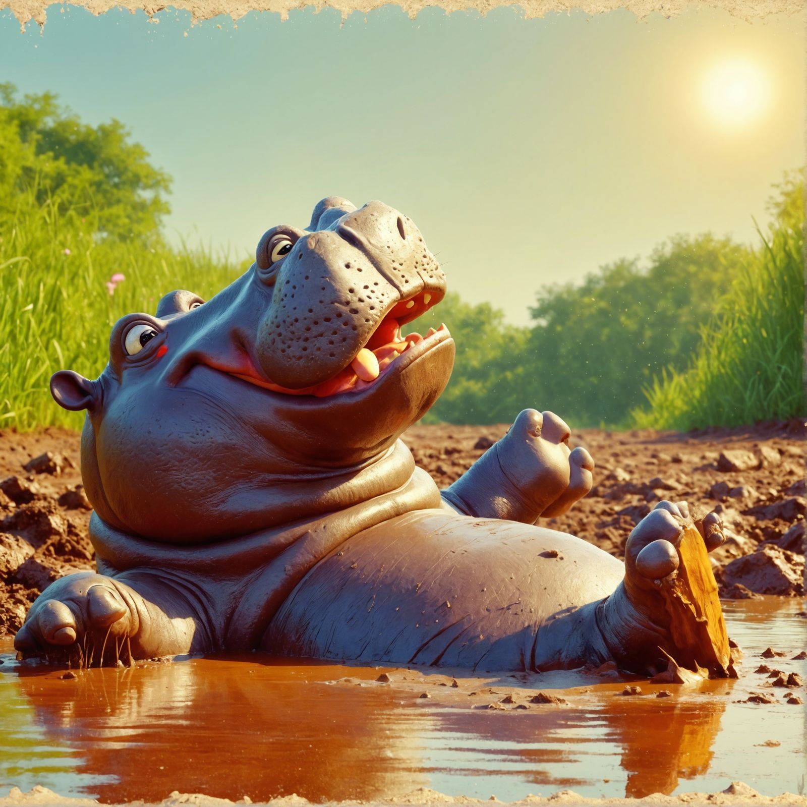 Cartoon Hippo Lounging in Mud, Oil Painting Style
