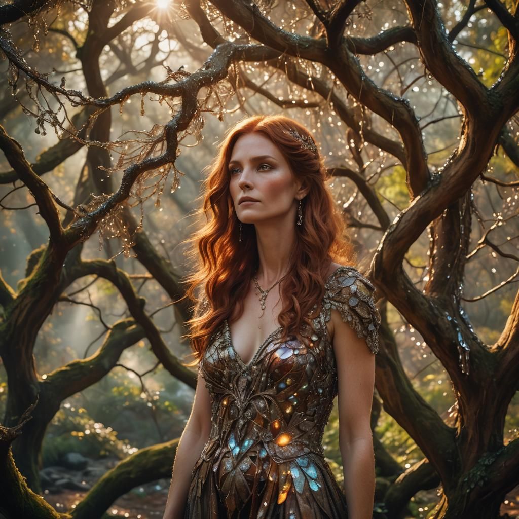 Auburn Haired Woman in Crystal Forest, Photorealistic