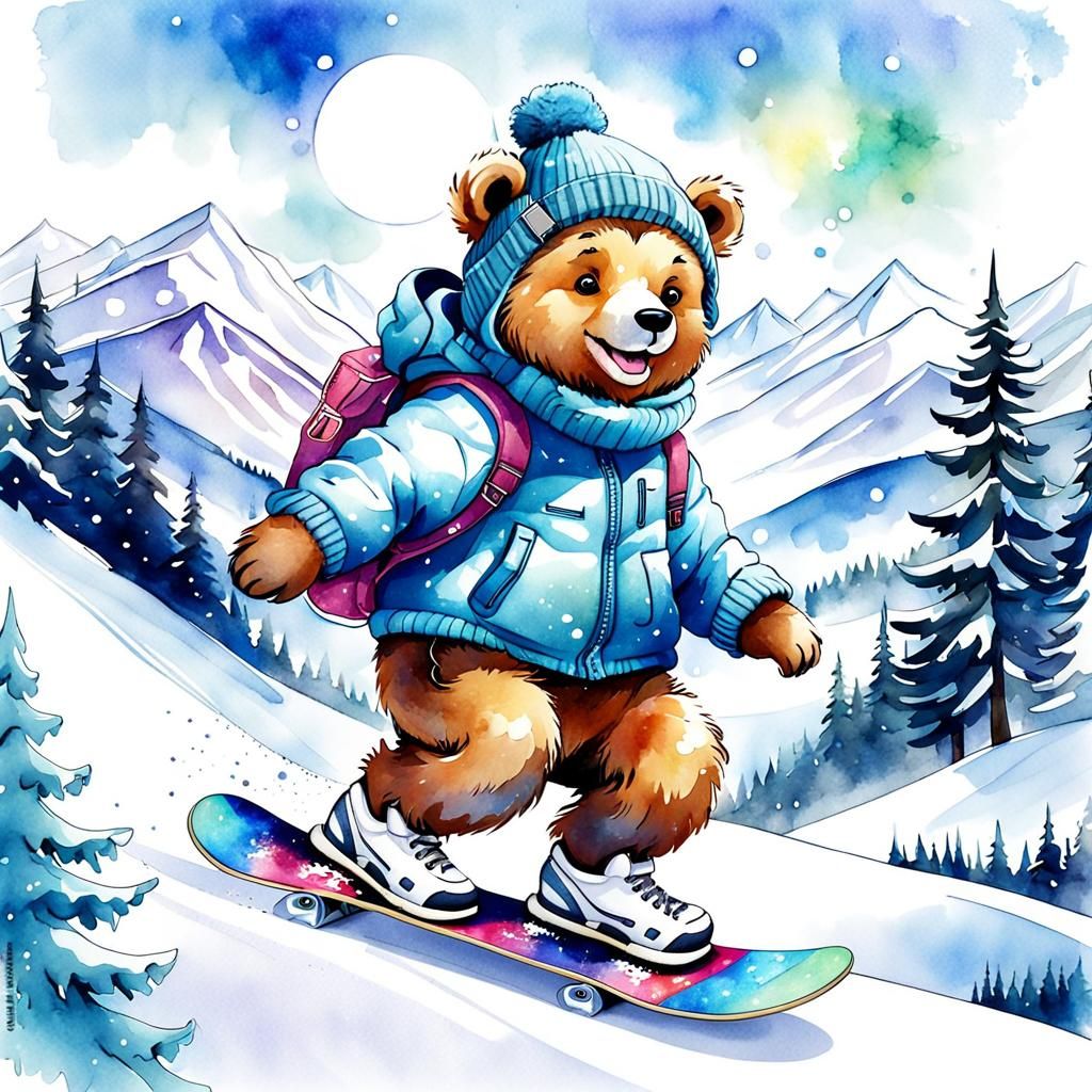 Joyful Bear Snowboarding in Winter Wonderland