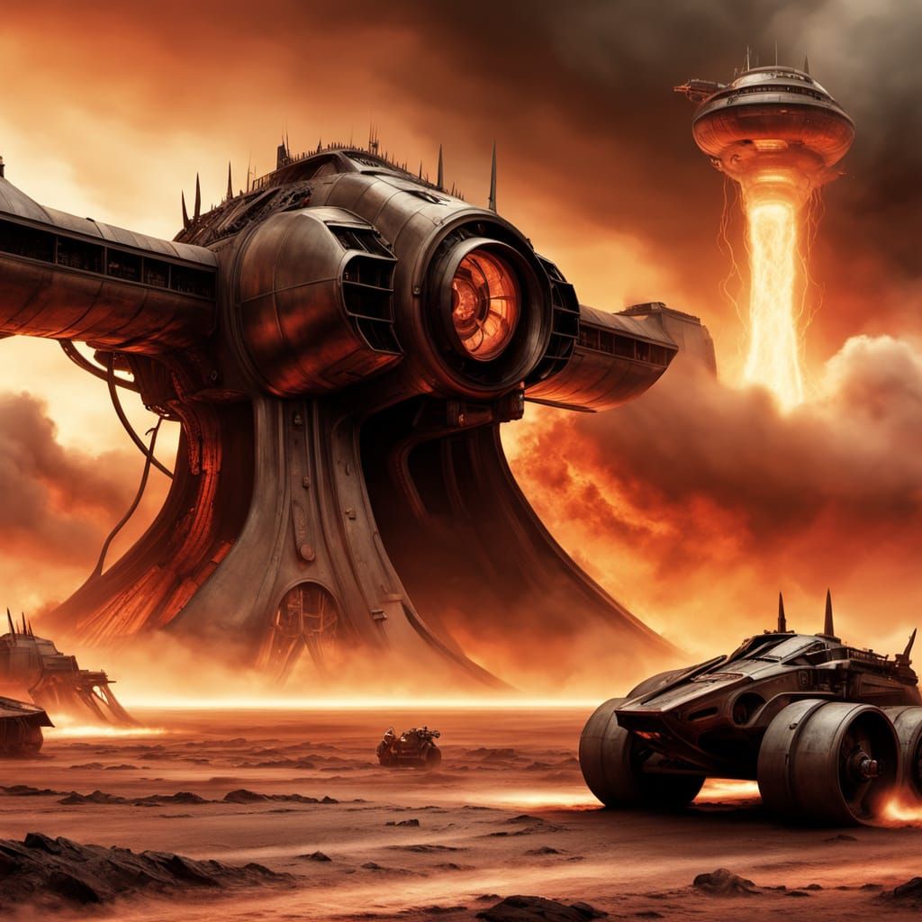 Massive Dieselpunk Flying Fortress Over Avernus Wasteland